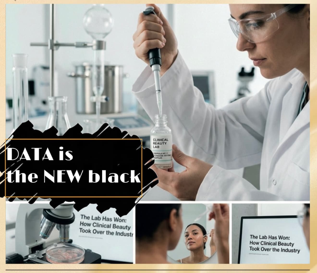 A collage of images illustrating a "Clinical Beauty Lab" theme. The main image features a scientist in a lab coat and safety glasses using a pipette to transfer liquid into a vial labeled "CLINICAL BEAUTY LAB." A prominent black brushstroke graphic with a gold border is overlaid on the image, containing the white text: "DATA is the NEW black". The bottom row shows three smaller images: a microscope with a petri dish and text "The Lab Has Won: How Clinical Beauty Took Over the Industry"; a woman's reflection in a mirror; and a computer monitor displaying the same text: "The Lab Has Won: How Clinical Beauty Took Over the Industry."