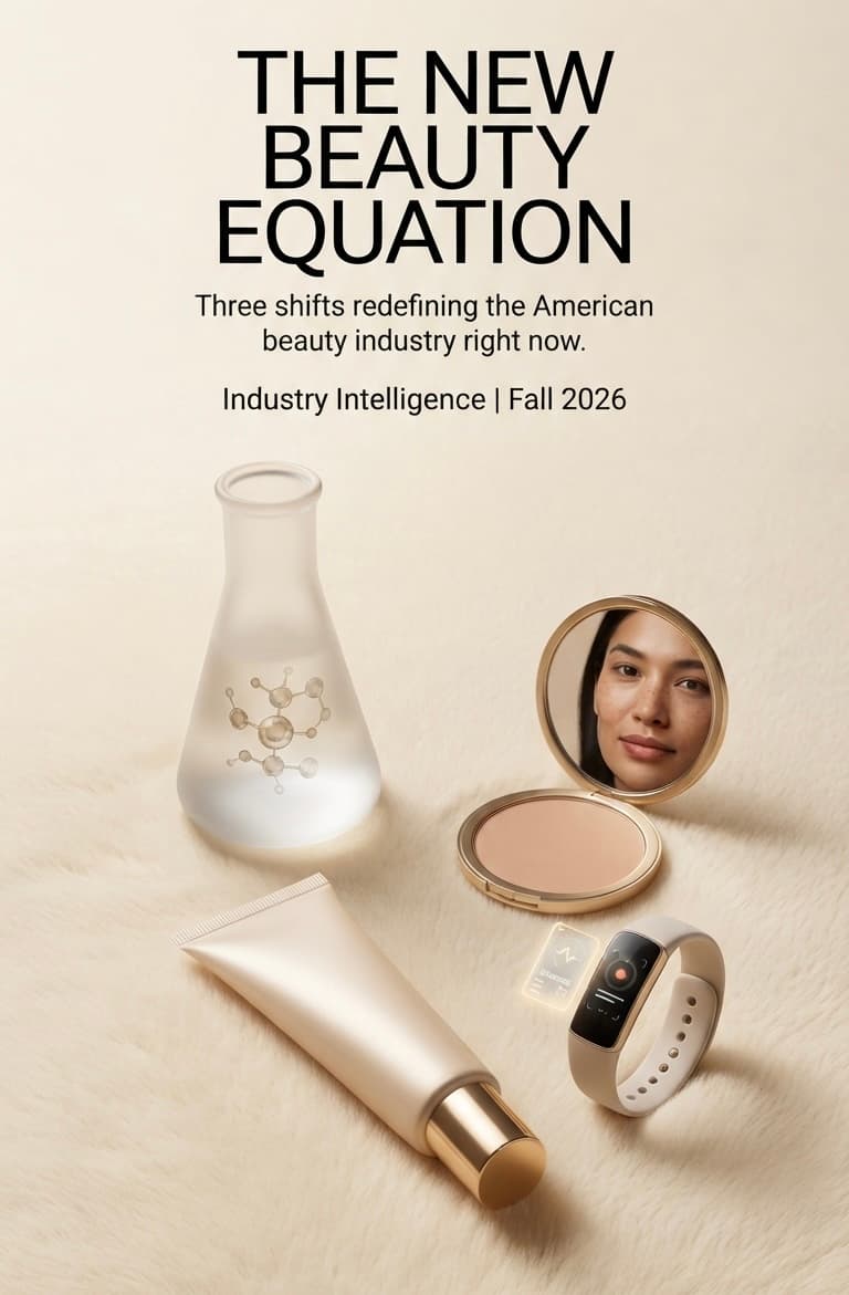 Cover image for the article "The New Beauty Equation": a glass flask with a chemical formula, a compact powder mirror reflecting a woman's face, a cream tube, and a modern fitness band with a digital interface on a light fluffy background.
